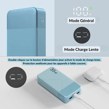 Batterie externe 35W avec mode général et mode charge lente. Double-cliquez sur le bouton d'alimentation pour activer le mode charge lente, idéal pour protéger les appareils à faible courant comme les écouteurs ou les montres connectées.